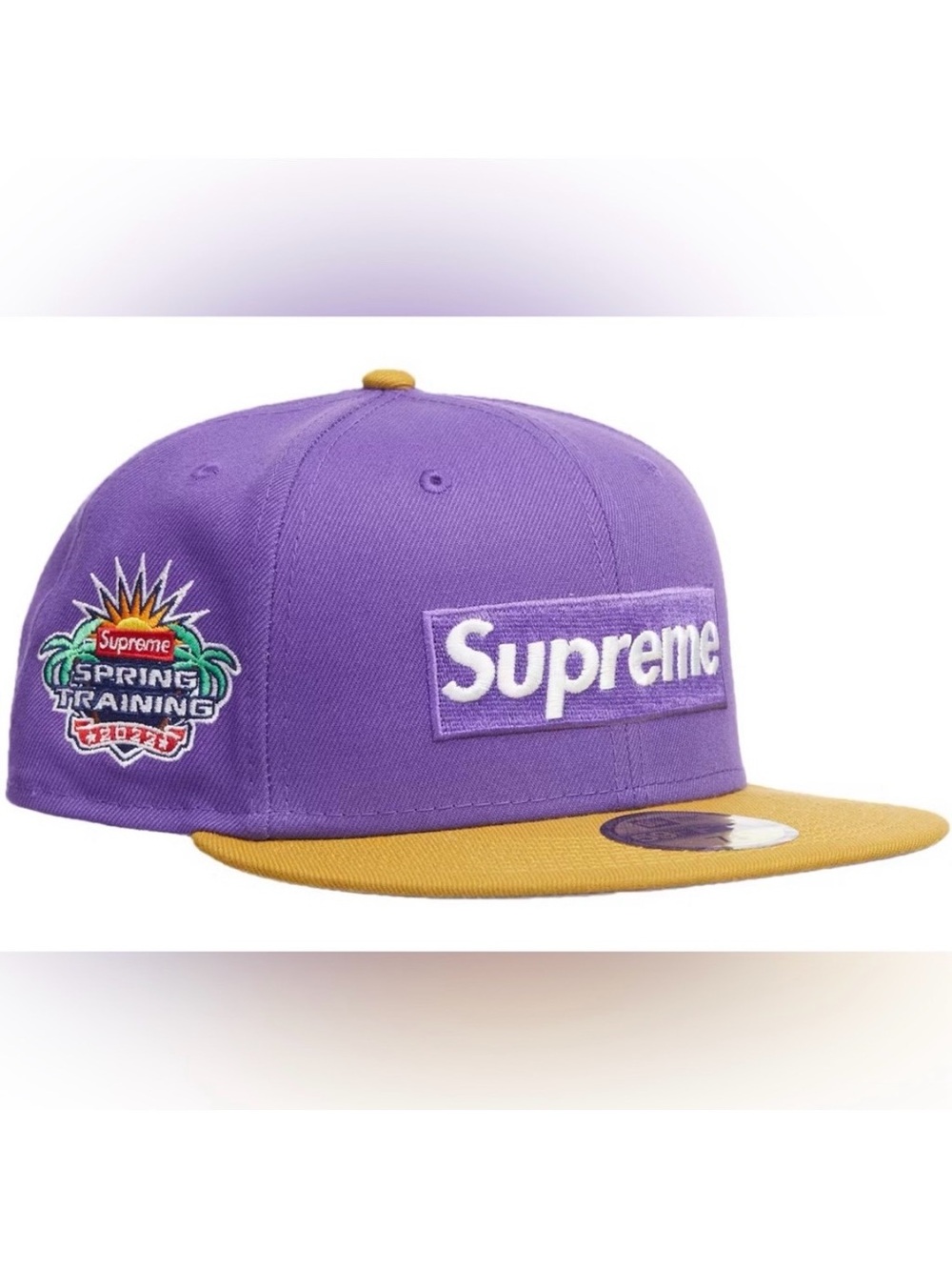 Supreme Hat Purple + Gold New Era Two-Tone Box Logo Fitted Cap SS22 NWT 7 1/4 - Picture 2 of 14